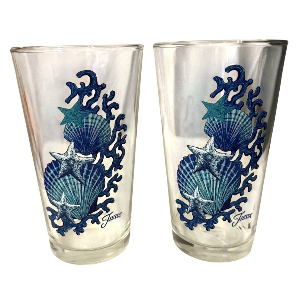 Two Fiesta Homer Laughlin Blue Seashell Starfish & Coral Clear 16 oz Tumblers